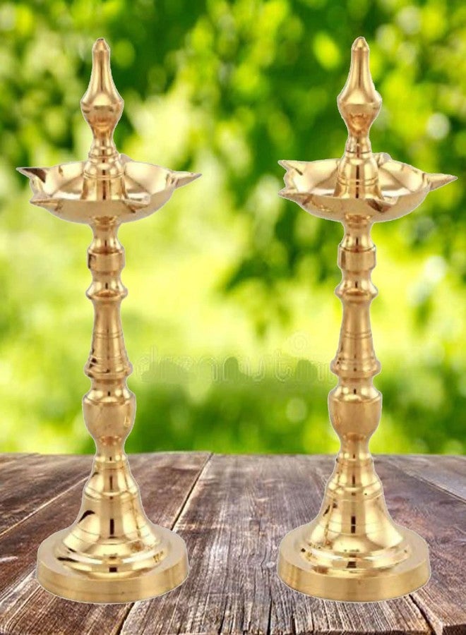 SOLINO Brass Kerala Oil/Ghee Diya,Deepak,Lamp Designer Long Diyas for Home/Office,Pooja Room,Pancharti kuthu vilakku or Annam vilakku,Diya for Puja,Decoration, Aarti,Diwali.Gold Color Pack of (2) - Image 1